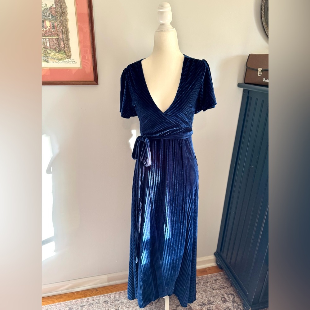 Baltic Born Navy Velvet Maxi Wrap Dress NWT